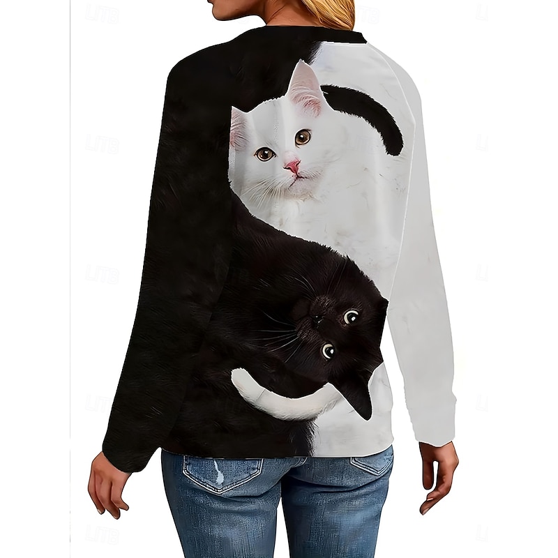 Women's T shirt Long Sleeve Graphic Animal Cat Vintage Stylish Classic Long Sleeve Crew Neck Round Neck Regular Tops Daily Print Black and White  Spring Fall Prefall2
