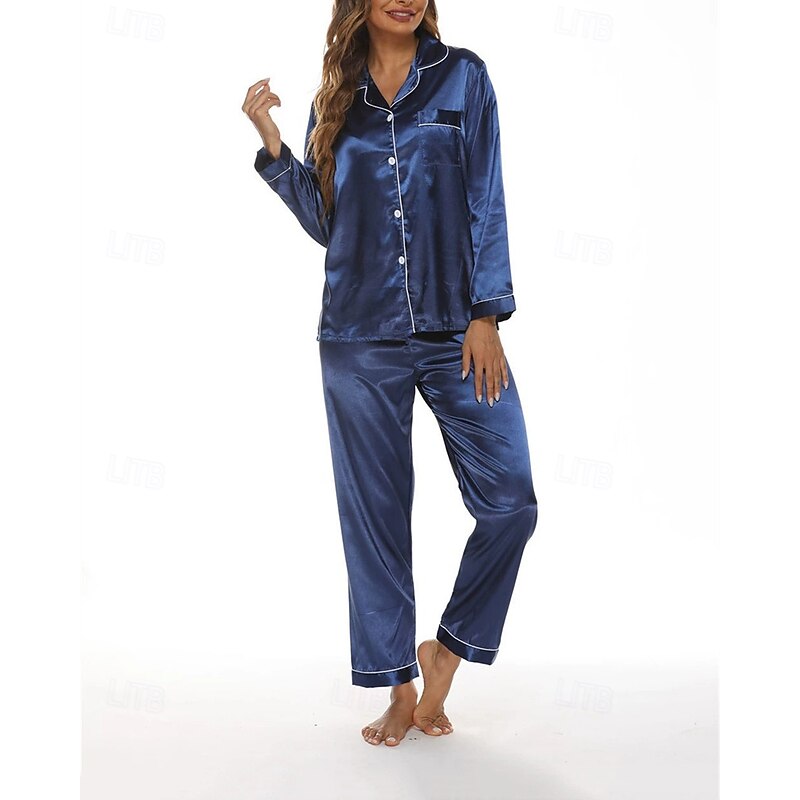 Women's Loungewear Fashion Pure Color Buttons Pant Daily Bed Long Sleeve Lapel Lake blue Black Champagne Wine Purple Summer Spring3