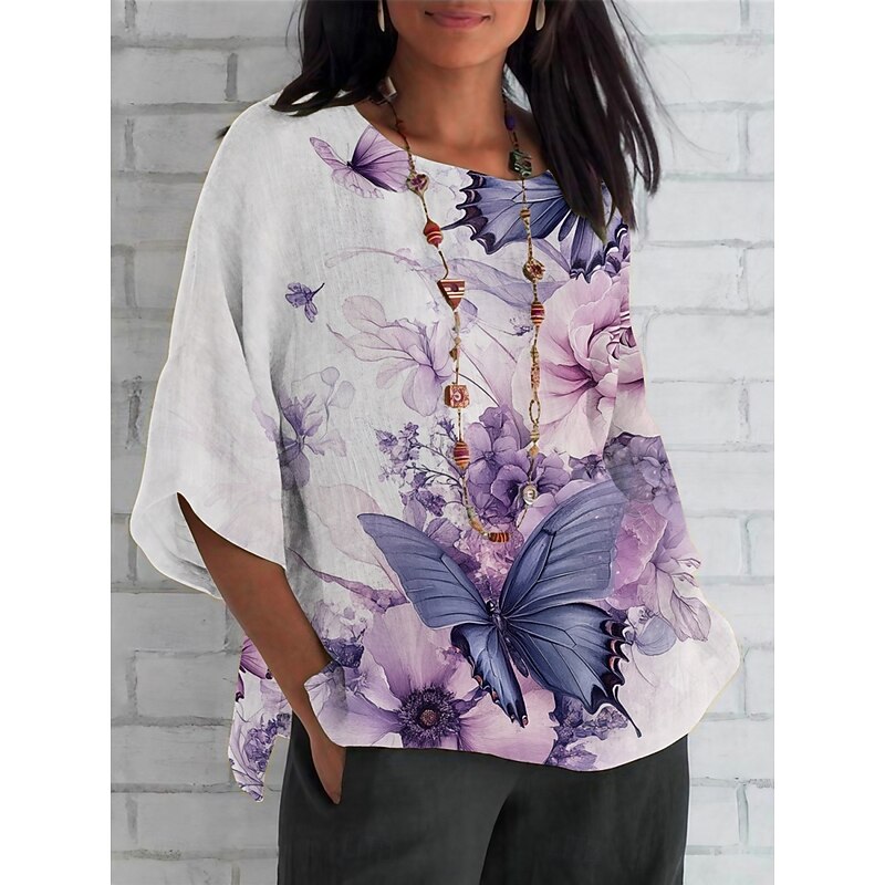 Women's Shirt Floral Daily Casual 3/4 Length Sleeve Crew Neck Regular Tops Daily Holiday Print White Light Purple Purple Violet Summer Spring Fall4