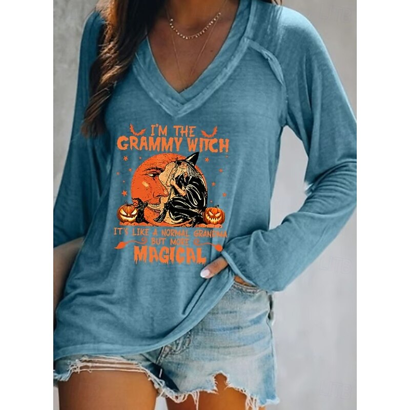 Halloween Women's T shirt Witch Long Sleeve V Neck Long Sleeve Graphic Casual Letter Vintage Stylish Western Tops Daily Weekend Vacation Wear Print Black White Blue Orange Spring Fall Prefall4