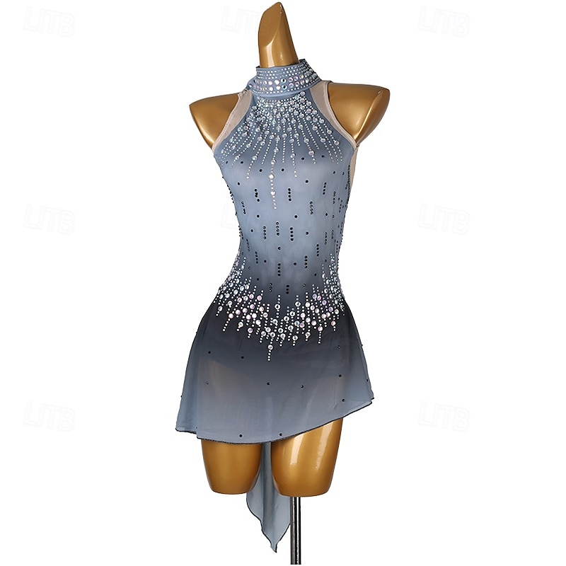 Figure Skating Dress Women's Girls' Ice Skating Dress Grey Patchwork Open Back Mesh Spandex High Elasticity Training Practice Professional Skating Wear Classic Crystal / Rhinestone Sleeveless Ice3