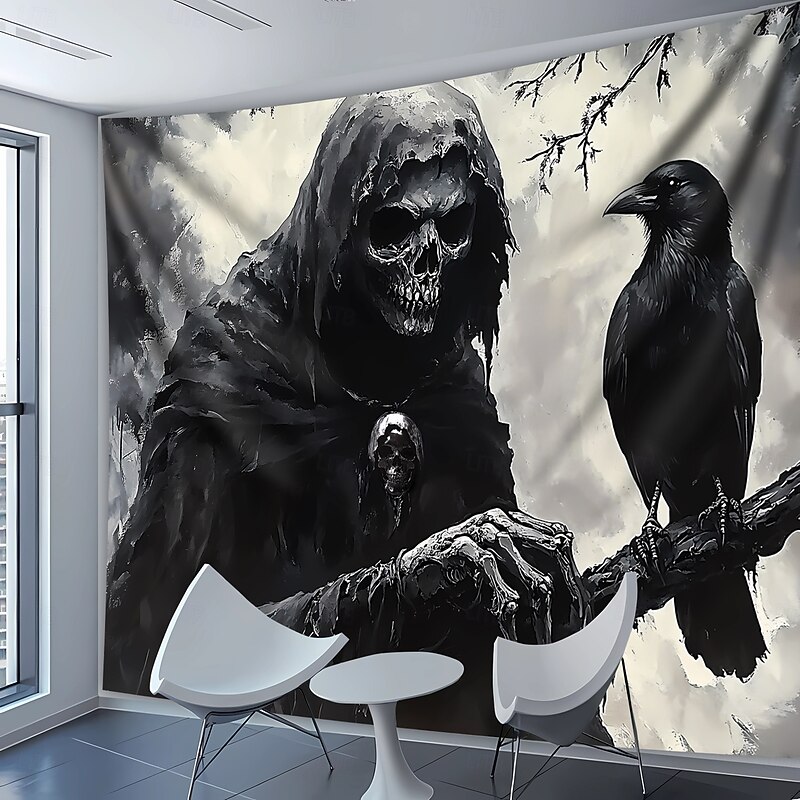 Grim Reaper Tapestry Cyberpunk Death Skeleton Wall Hanging with Scythe Futuristic Subway Moon Scene Wall Decoration for Bedroom Gaming Room Party4