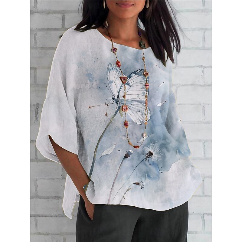 Women's Shirt Floral Daily Casual 3/4 Length Sleeve Crew Neck Regular Tops Daily Holiday Print White Pink Blue Khaki Summer Spring Fall2