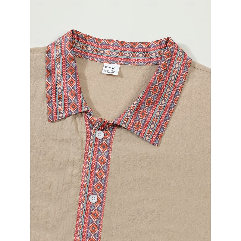 Men's Shirt Linen Shirt Summer Shirt Beach Wear Button Up Shirt Ethnic Shirt Solid Color Vacation Holiday Black White Navy Blue Blue Long Sleeve Lapel Summer Spring Clothing Apparel Patchwork4