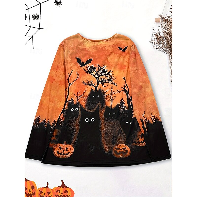 Halloween Women's T shirt Black Cat Graphic Cat Pumpkin Vintage Stylish Classic Long Sleeve Crew Neck Round Neck Regular Tops Daily Print Orange Fall Winter3