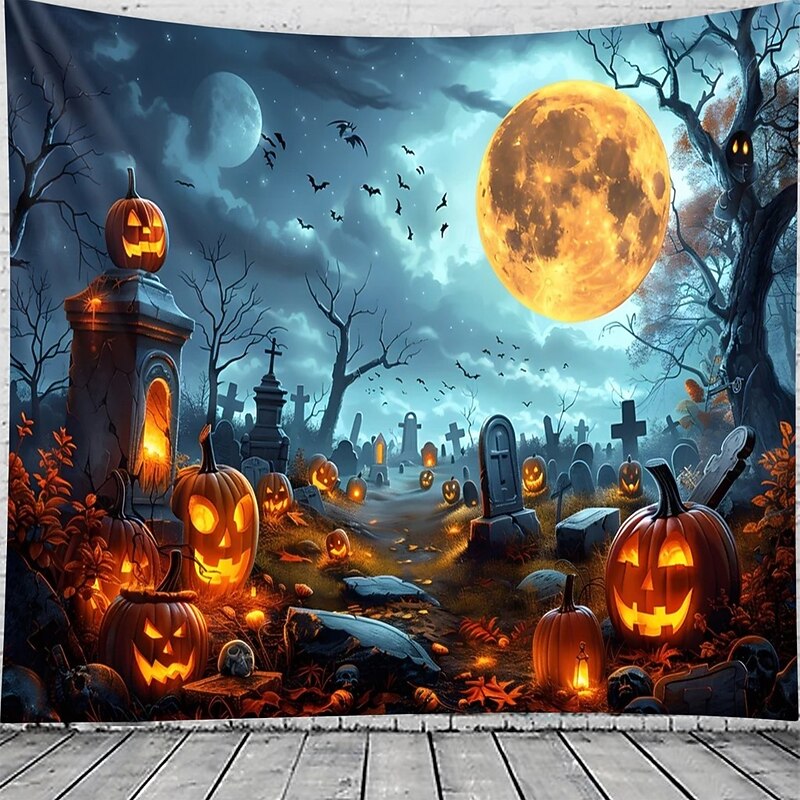 Halloween Cemetery Wall Tapestry Backdrop – Spooky Graveyard with Glowing Jack-o'-Lanterns, Full Moon and Bats, Haunted Scene Wall Hanging for Party and Home Decoration2