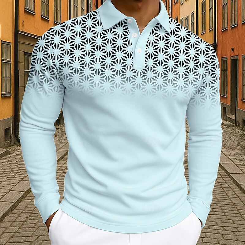 Men's Geometic Polo Long Sleeve Polo Shirts Lapel Business Casual Athleisure Daily Wear 3D Print Buttons Spring Fall Winter Black White Blue4