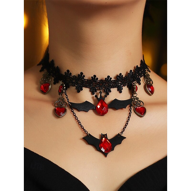 Women's Halloween Bat Necklace and Earrings Set – Black Lace Choker with Red Gemstones and Bat Pendants – Perfect for Halloween Parties and Costumes
