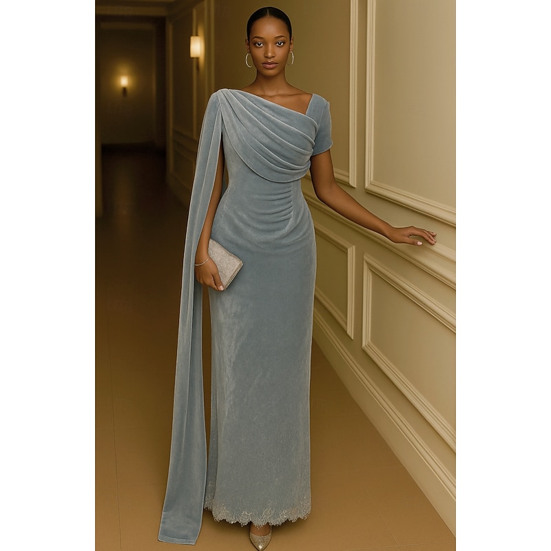 Blue Black Sheath / Column Evening Gown Elegant Dress Formal Wedding Floor Length Long Sleeve Stand Collar Velvet with Pleats 2025