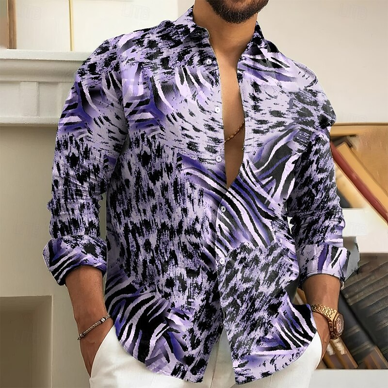 Men's Leopard Print Shirt Button Up Shirt Long Sleeve Vintage Retro Outdoor Camping & Hiking Hunting Spring Fall Turndown 3D Print Collared Shirts Blue Purple Khaki3