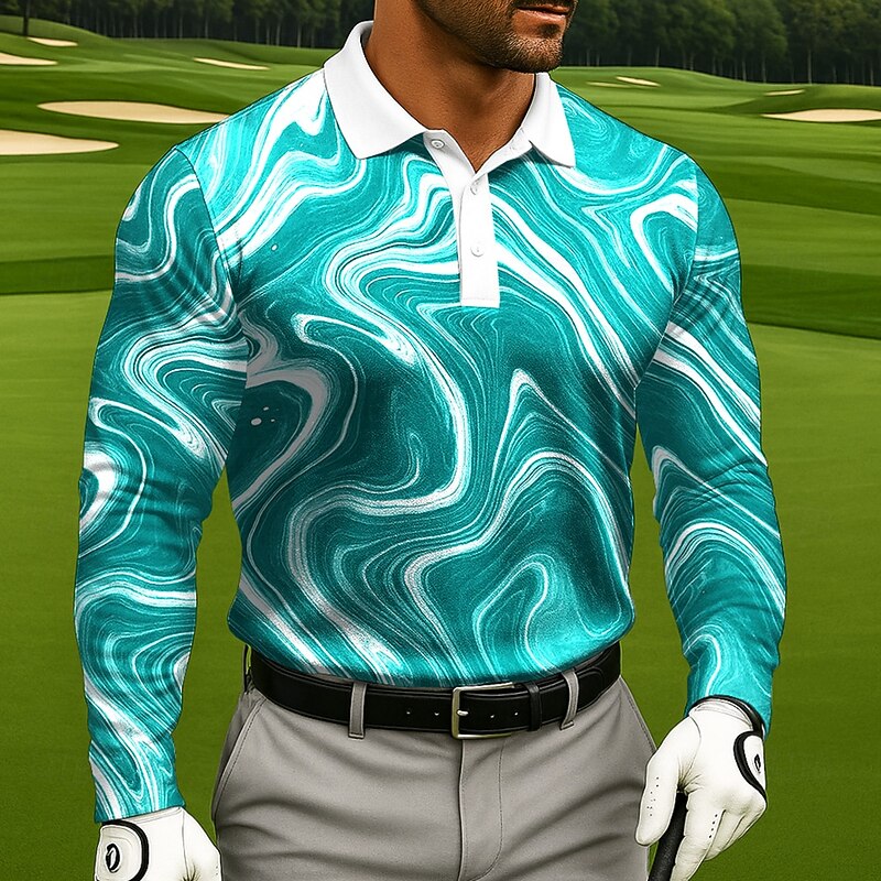 Men's Abstract Geometic Polo Long Sleeve Polo Shirts Lapel Casual Athleisure Daily Wear 3D Print Buttons Spring Fall Winter Lake blue Black White3