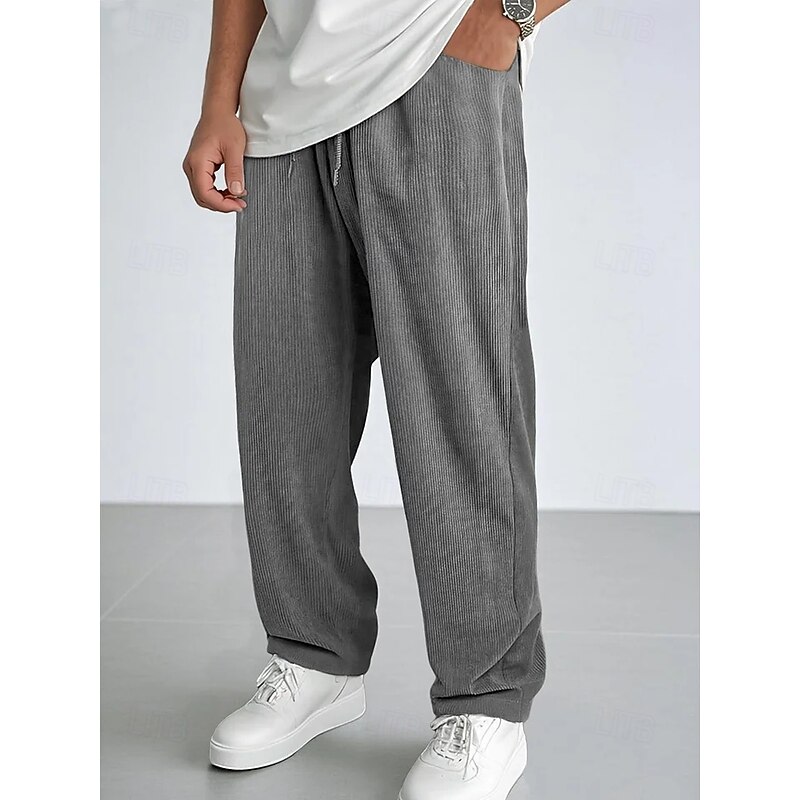 Men's Sweatpants Corduroy Pants Trousers Casual Pants Drawstring Elastic Waist Straight Leg Solid Color Plain Moisture Wicking Breathable Full Length Casual Daily Going out Vacation Fashion Black