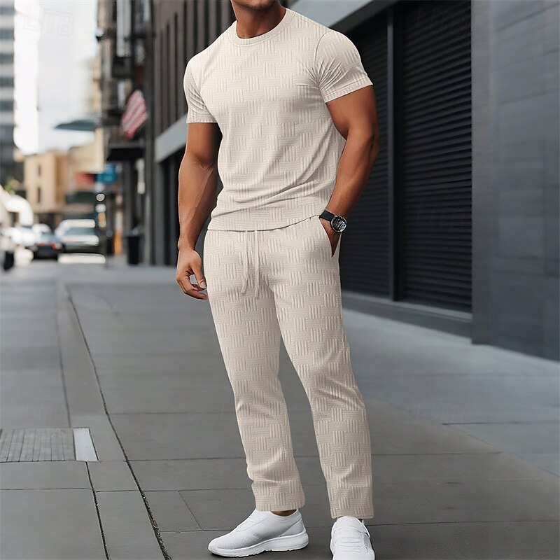 Men's T-shirt Suits Shirt and Pant Sets 2 Pieces Outfits Short Sleeve Crewneck Summer Spring Plain Fashion Casual 2 Piece Vacation Daily Wear Going out Black White Khaki Top Tee for Men4