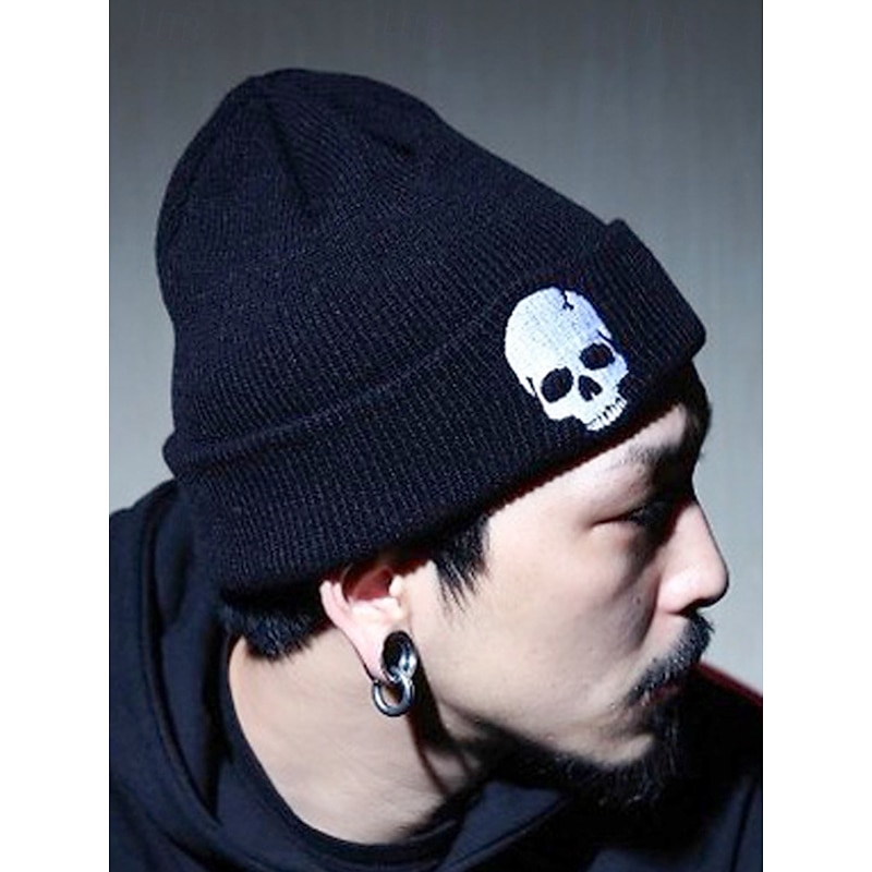 Men's Halloween Skull - Embroidered Acrylic Beanie, Stylish Streetwear, Ideal for Casual Outings & Festive Looks2