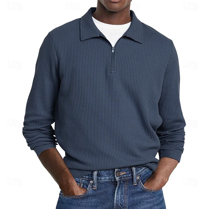 Men's Waffle Polo Shirts Street Casual Zip Lapel Long Sleeve Basic Modern Plain Textured Buttons Spring Fall Black White Red Navy Blue Purple Brown Waffle Polo Shirts
