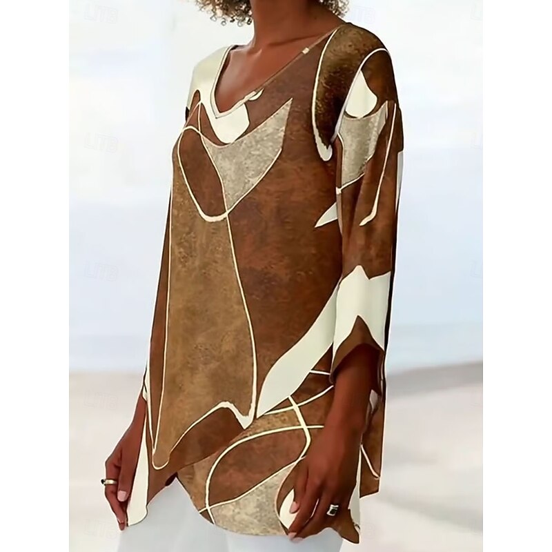 Women's Blouse Graphic Geometric Abstract Hawaiian Stylish Casual Long Sleeve V Neck Regular Tops Daily Holiday Going out Print Khaki Summer Spring Fall2