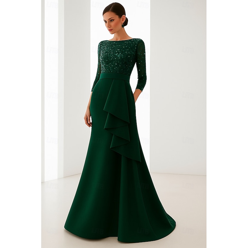 Blue Black Mermaid Evening Gown Elegant Dress Formal Wedding Floor Length Long Sleeve Boat Neck Champagne Mother Of the Bride Dress Satin with Glitter Ruffles 20253