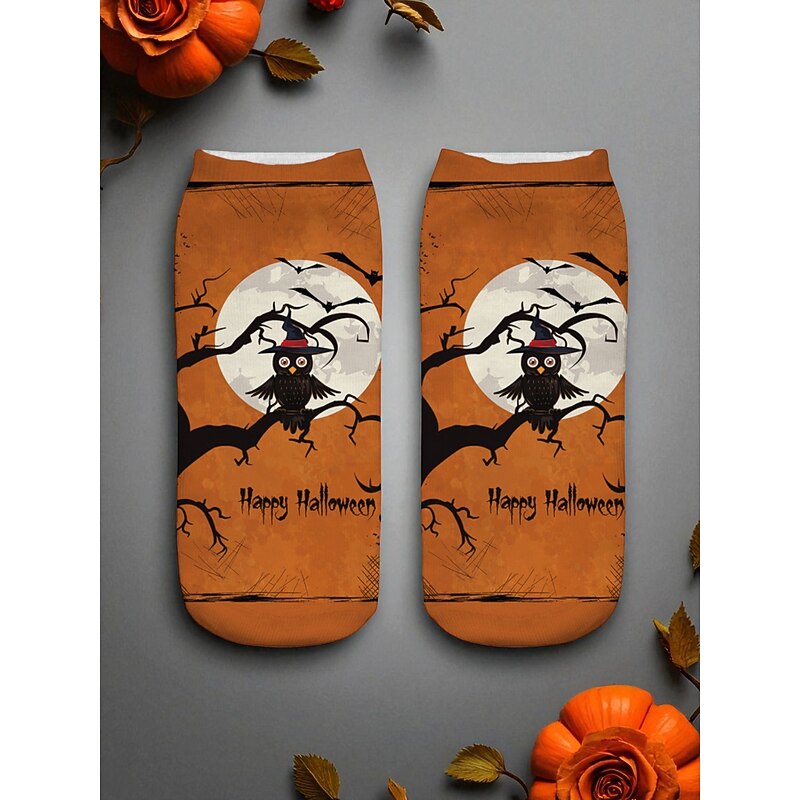 Women's Halloween Print Ankle Socks with Pumpkin, Cat and Haunted House Design - Fun Nightlife Party Hosiery for Costume and Holiday Outfits4