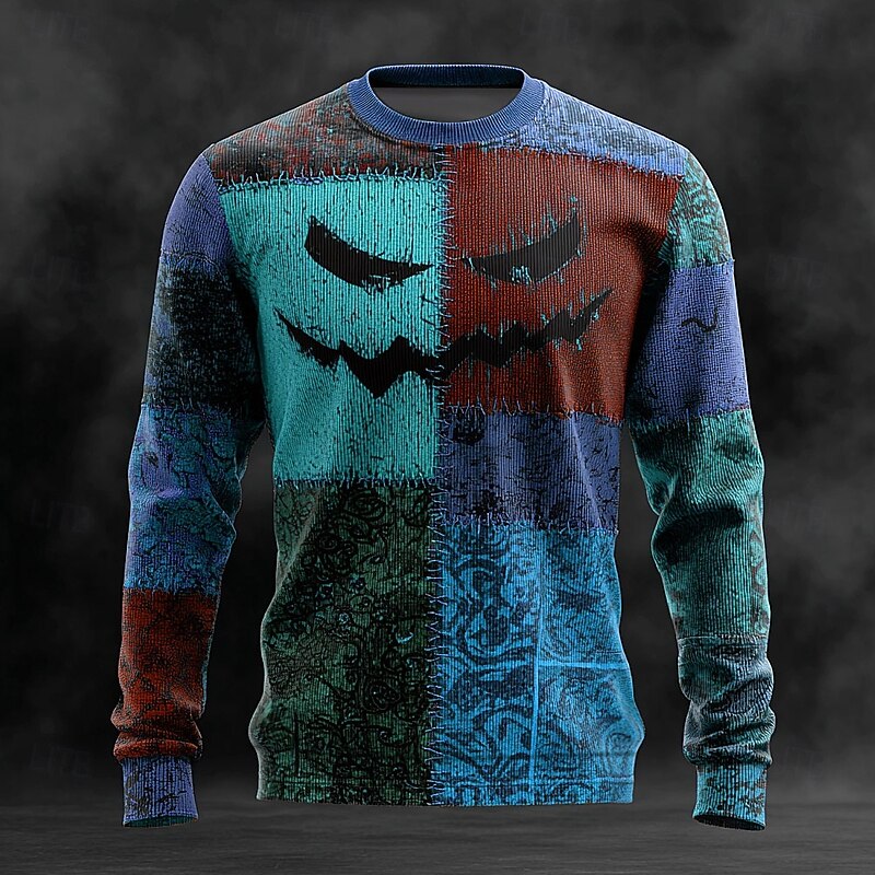 Halloween Men's Color Block Pullover Sweater Jumper Knitwear Crewneck Casual Vacation Daily Festival 3D Print Keep Warm Long Sleeve Spring Fall Winter Blue Brown Green2