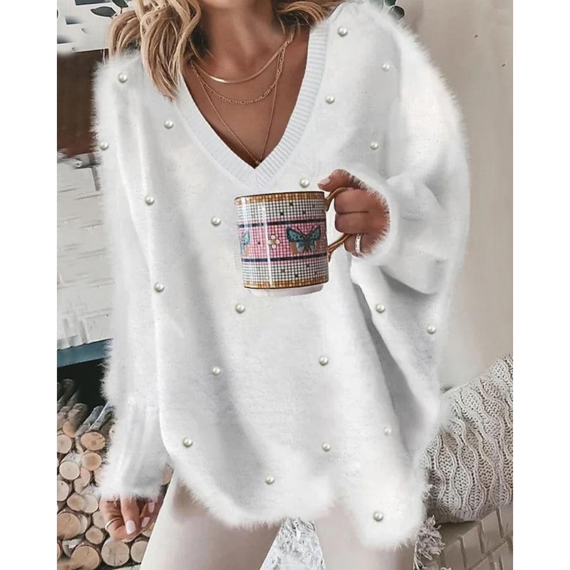 Women's Sweater Pullover Sweatshirt Fuzzy Cozy T Shirt Plain Ribbed Knitted Casual Long Sleeve V Neck Tops Daily Going out Weekend Lace Pink Oversized