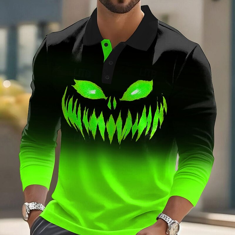 Halloween Men's Pumpkin Polo Long Sleeve Polo Shirts Lapel Casual Street Athleisure Daily Wear 3D Print Buttons Spring Fall Winter Blue Purple Orange3