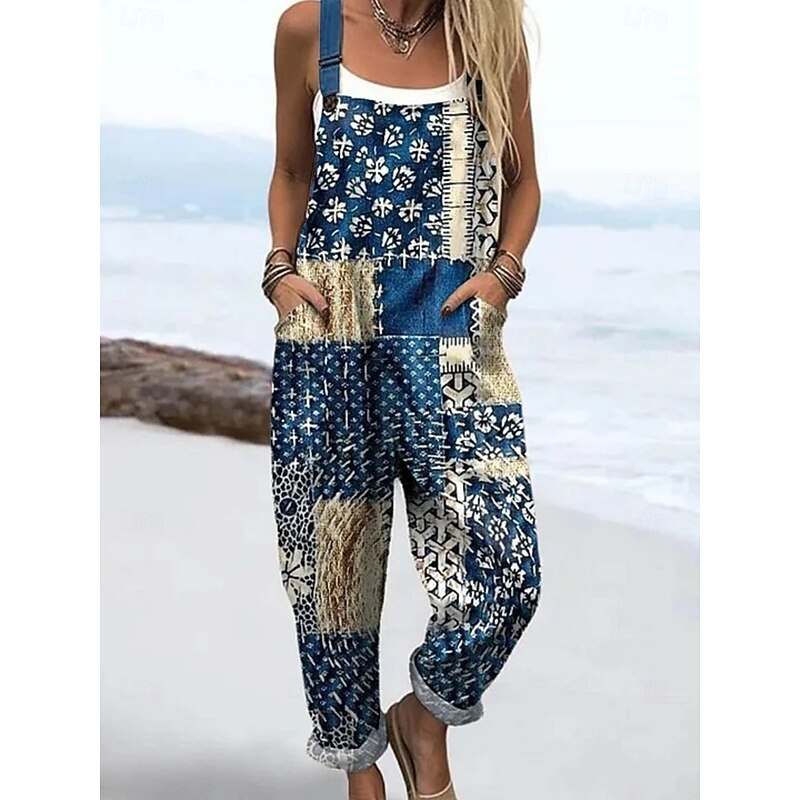 Women's Dungarees Active Floral Sleeveless Sleeveless Straight Square Neck Patchwork Pocket Vacation Daily Loose Fit Pink Blue Purple Summer2