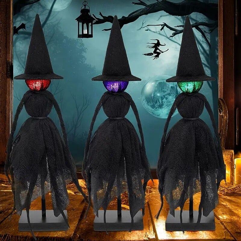 3 Pack Vintage Witch with Hats 3 LED Colors Spooky Halloween Witch Statue for Mantel, Home, Kitchen, Office, Shelf, Porch, Tabletop, Halloween Decor3