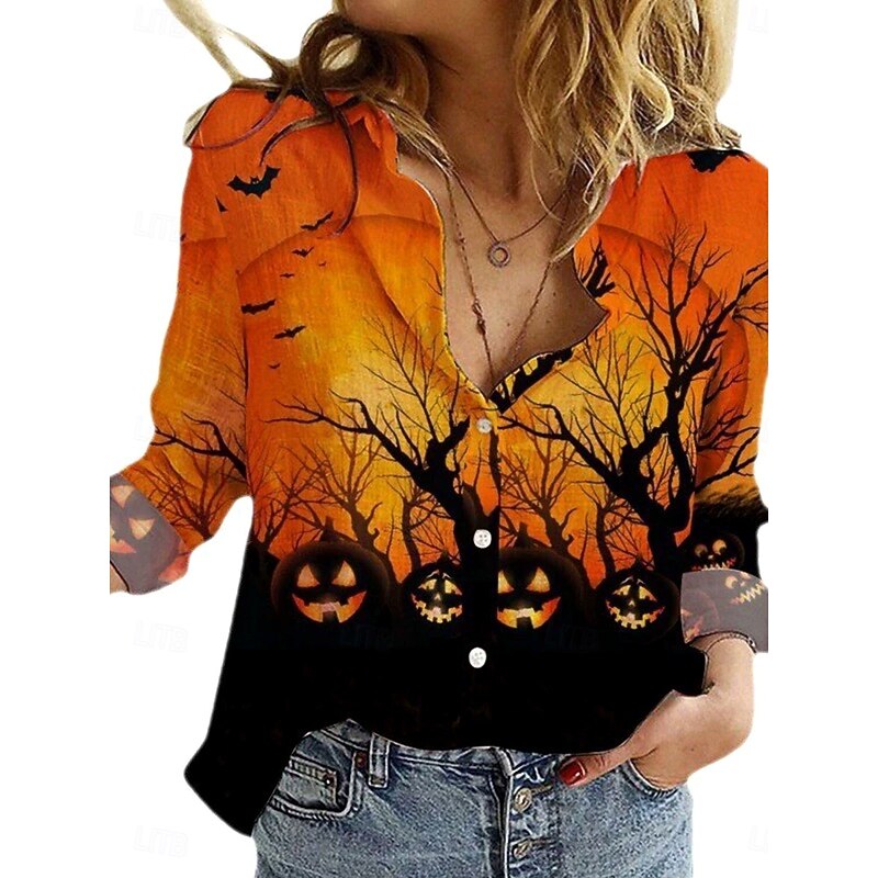 Halloween Women's Shirt Button Down Tunic Shirt Collar Long Sleeve Castle Graphic Pumpkin Witch Elegant Vintage Tropical V Neck Daily Holiday Print Black and gray Black Orange Spring Fall