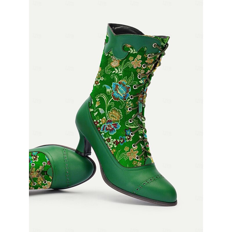 Women's Victorian Green Floral Lace-Up Boots with Kitten Heels - 19th Century Inspired Retro Footwear for Vintage Fashion, Edwardian Performances and Costume Events2