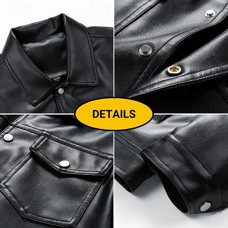 Men's Faux Leather Jacket Motorcycle Jacket Outdoor Casual Windbreaker Minimalist Fall Solid Color Punk Active Regular Black Khaki Jacket3