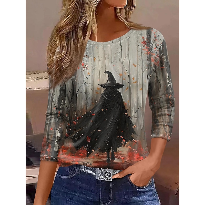Halloween Women's T shirt Witch Long Sleeve Graphic Vintage Casual Long Sleeve Crew Neck Regular Tops Daily Weekend Print Pink Orange Khaki Spring Fall Prefall