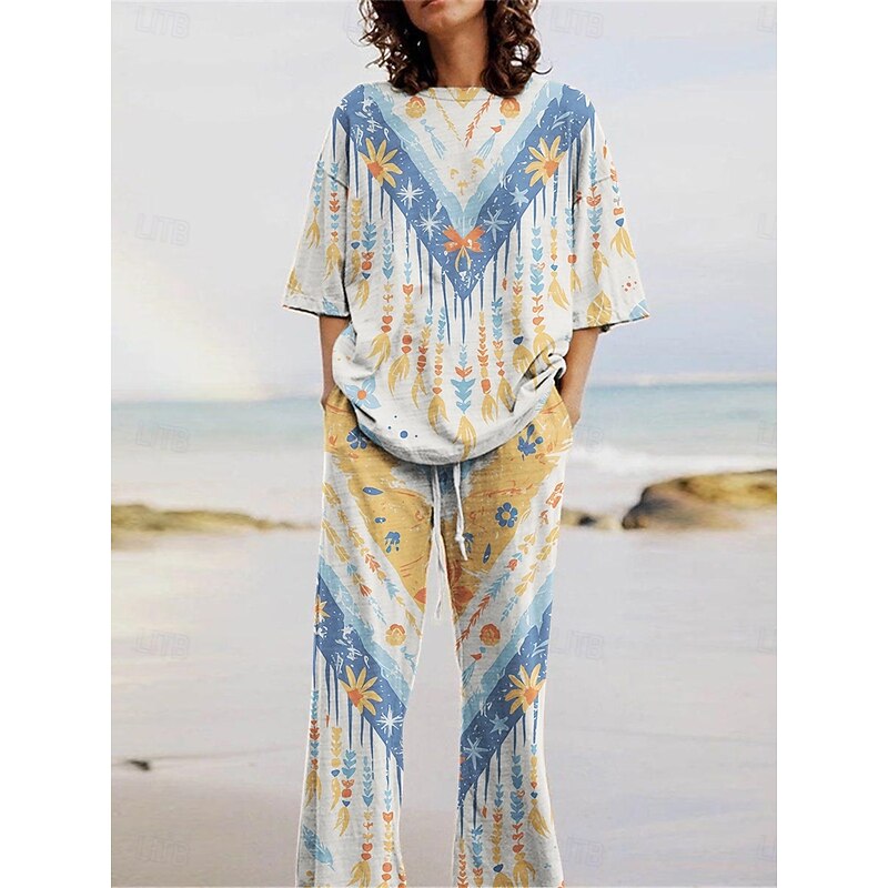 Women's Active Fashion Pants Sets 3/4 Length Sleeve Crew Neck Geometric Color Block Print Vacation Daily Holiday Blue Purple Orange Summer Regular Fit2