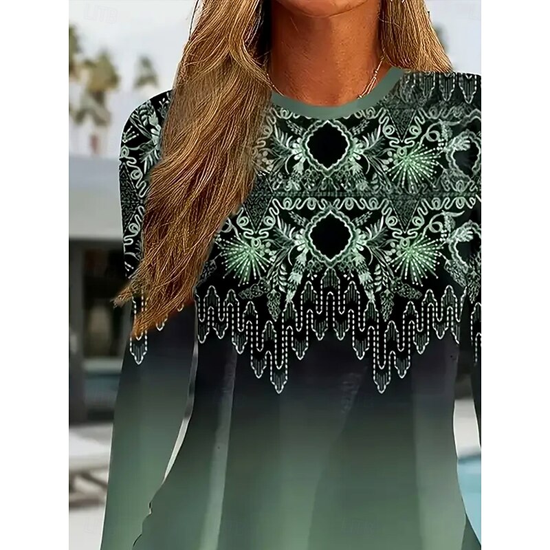Women's T Shirt Floral Graphic Geometric Elegant Vintage Fashion Long Sleeve Crew Neck Round Neck Regular Tops Daily Weekend Print Sage Green Spring Fall Winter2