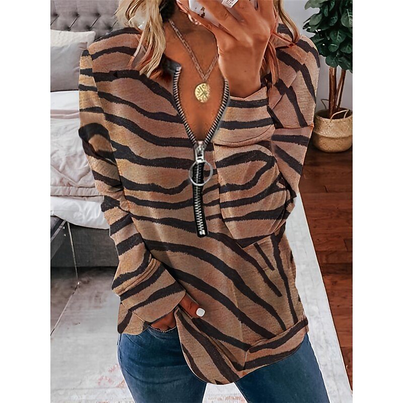 Women's Pullover Sweatshirt Zip Up Sweatshirts Graphic Leopard Zebra Fashion Casual Long Sleeve Crew Neck Regular Tops Street Dailywear Zipper Print Brown Spring Fall Winter