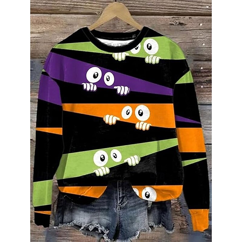 Halloween Women's Sweatshirts Monster Graphic Casual Long Sleeve Crew Neck Round Neck Regular Tops Street Dailywear Casual Print Yellow Orange Green Khaki Spring Fall Winter4