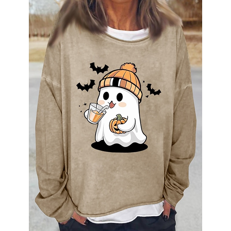 Halloween Women's Sweatshirts Casual Long Sleeve Crew Neck Regular Tops Casual Print Black White Pink Khaki Gray Fall Winter