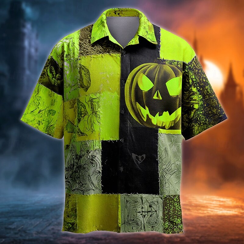 Halloween Men's Color Block Pumpkin Patchwork Shirt Summer Shirt Button Up Shirt Short Sleeve Dark Gothic Style Holiday Streetwear Summer Spring Turndown 3D Print Collared Shirts Yellow Orange Green3