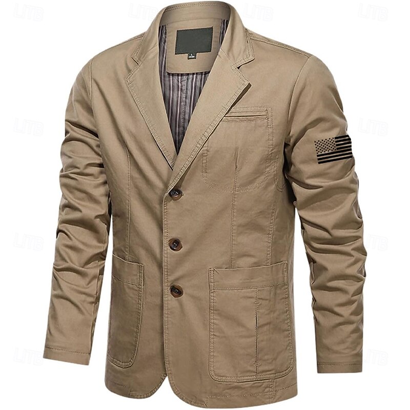 Men's US Flag Cotton Suit Jacket Suits Coat Blazer Casual Outdoor Dailywear Long Sleeve Notch Lapel Collar Outwear Pockets Button Down Stripe Lined Suit Jacket Fall Winter Black khaki Army Green4