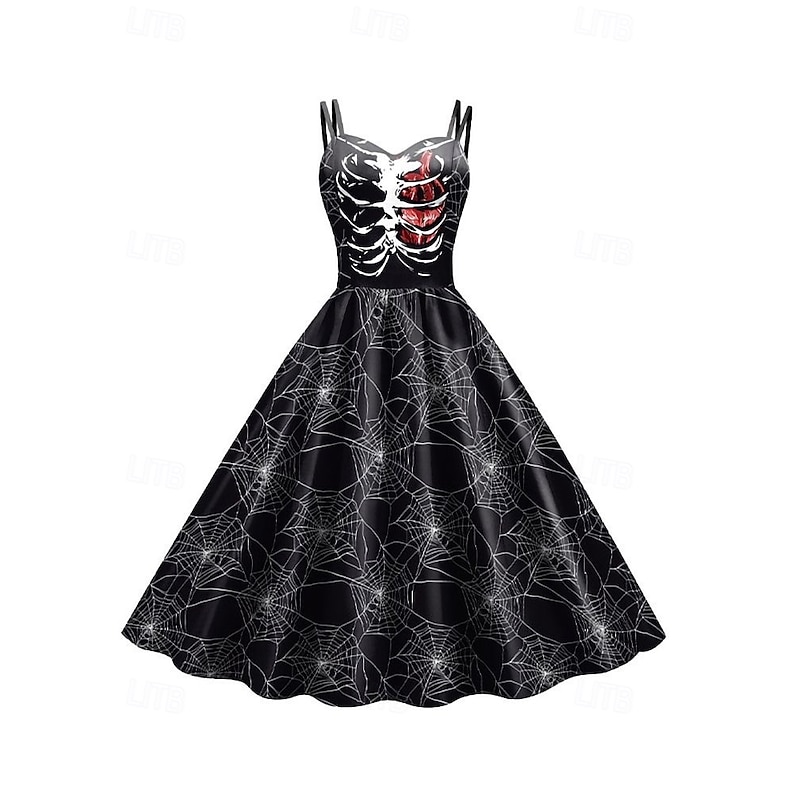 Halloween Women's Skulls Print Mini Dress A Line Dress Casual Daily Holiday Regular Fit Skull Sleeveless Spaghetti Strap Black White Wine Rusty Red Summer Spring Fall4