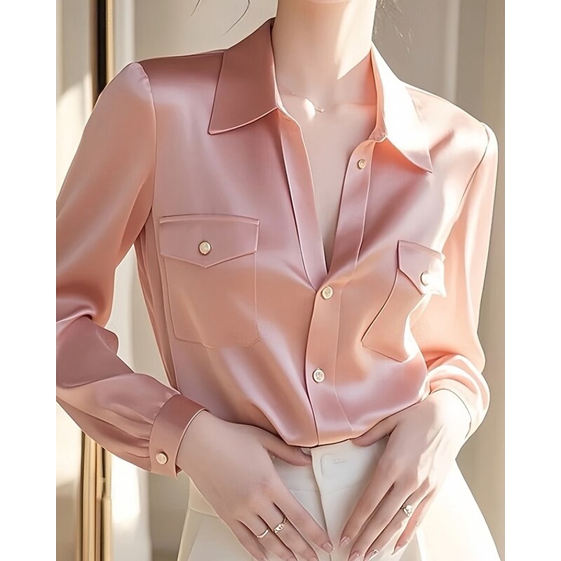 Women's Shirt Blouse Plain Active Stylish Long Sleeve Shirt Collar Regular Tops Work Formal Wear Pocket Buttons Pink Fall