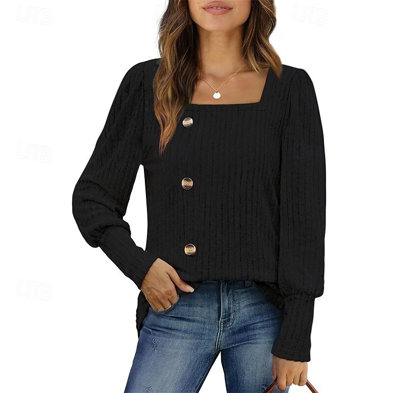 Women's Texture Blouse T Shirt Tee Top Plain Fashion Modern Long Sleeve Square Neck Regular Tops Daily Going out Buttons Maroon Black Red Light Brown Blue Spring Fall3