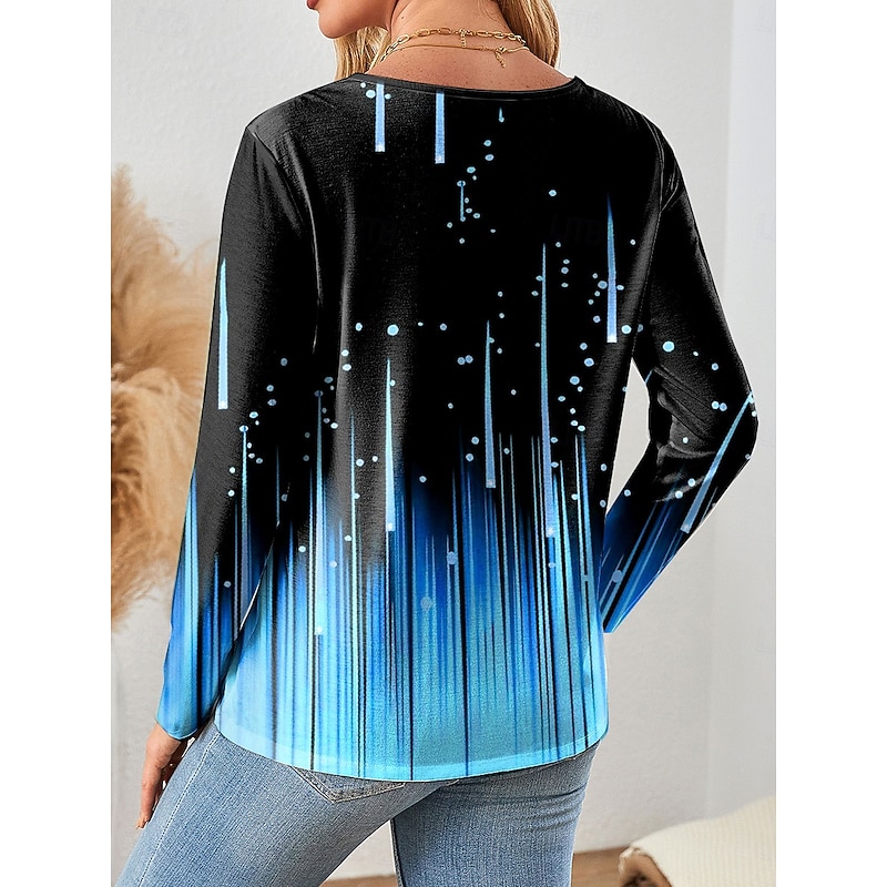 Women's T Shirt Ombre Graphic Abstract Elegant Vintage Fashion Long Sleeve V Neck Regular Tops Daily Weekend Zipper Print White Pink Blue Purple Green Spring Fall2