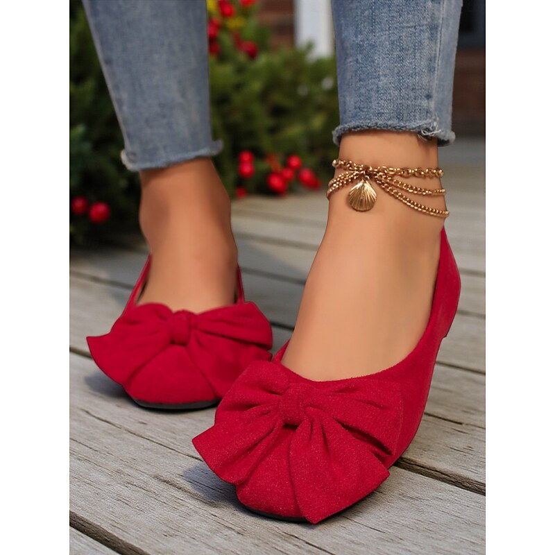 Women's Red Ballet Flats with Large Bow – Elegant Square Toe Dress Shoes for Parties, Christmas and Everyday Outfits3