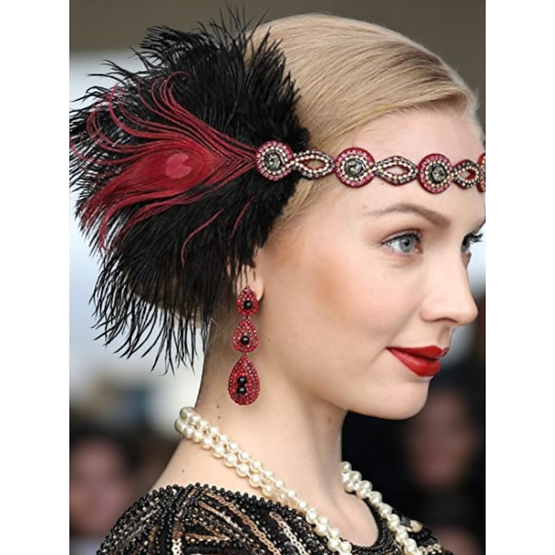 Women's 1920s Gold Beaded Feather Headband with Rhinestone Chains - Vintage Gatsby Party Flapper Hair Accessory3