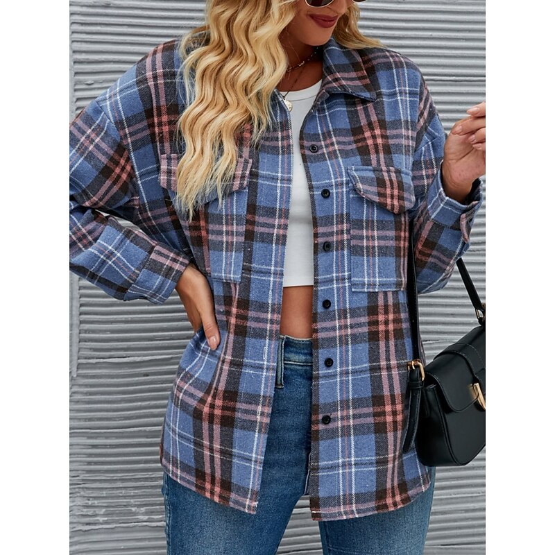 Women's Shirt Jacket Casual Jacket Comfortable Breathable Pocket Buttons Print Fashion Casual Plaid Vacation Street Casual Daily Wear Single Breasted Regular Stand Collar Regular Fit Long Sleeve2