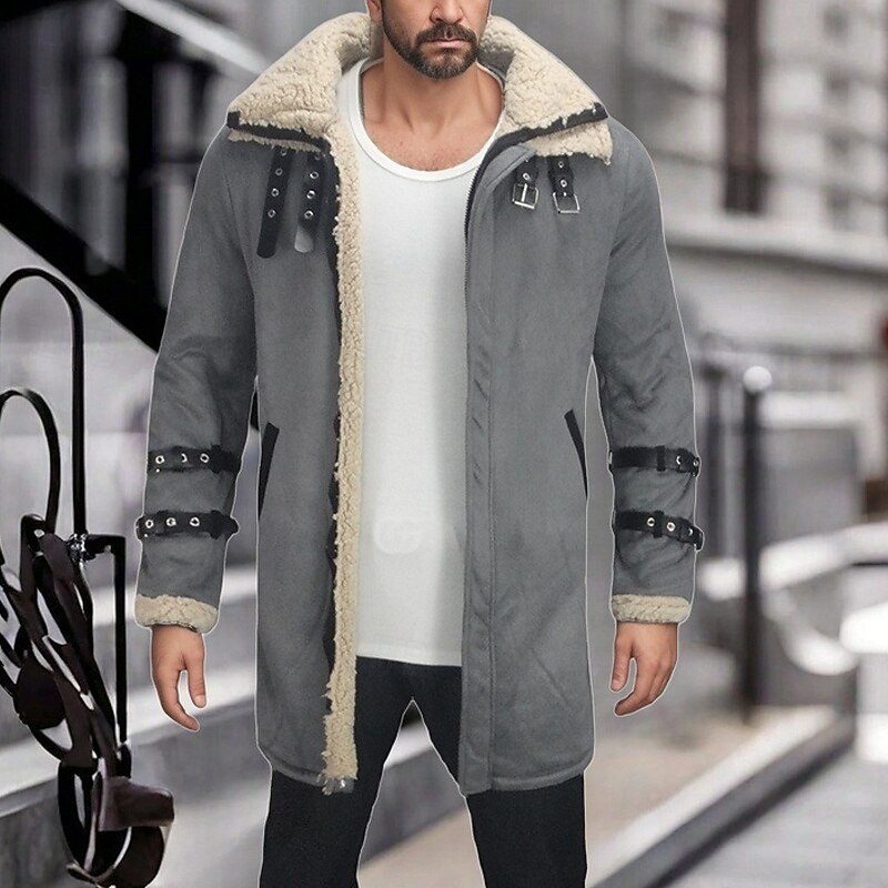 Men's Winter Jacket Sherpa Jacket Vacation Daily Thermal Warm Pocket Fleece Winter Plain Fashion Streetwear Lapel Long Black Red Brown Green Gray Jacket