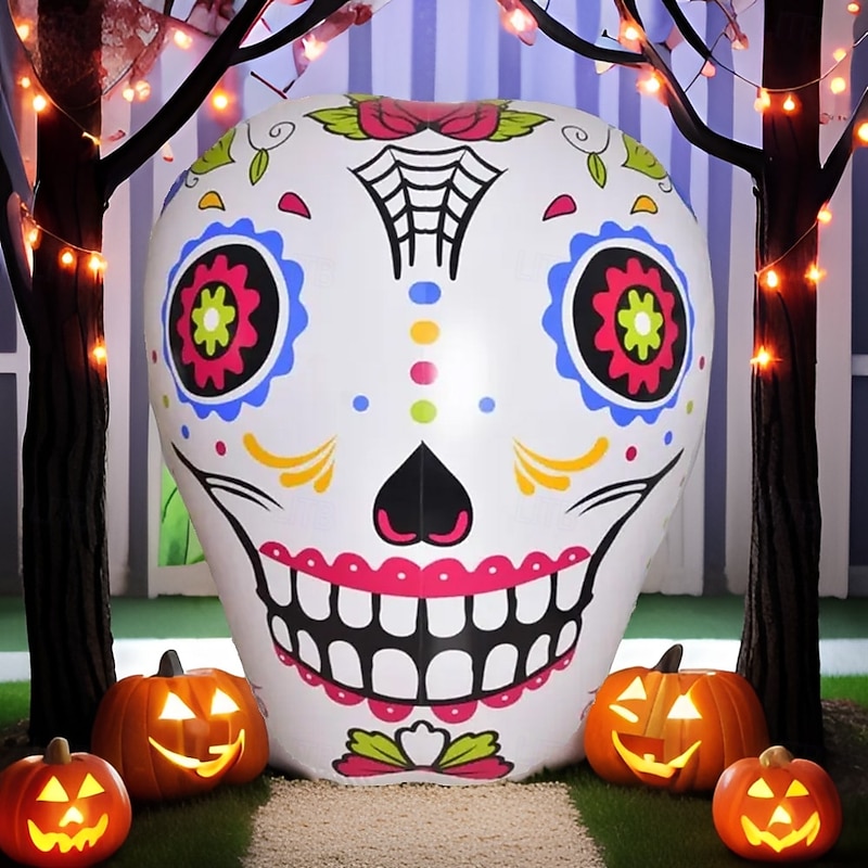 1 Pc 1.4M * 1.25M Halloween Colorful Skull RGB with Light Waterproof PVC Inflatable Air Model Indoor and Outdoor Courtyard Garden Lawn Party Festival Atmosphere Decorative Light AAA Battery Box