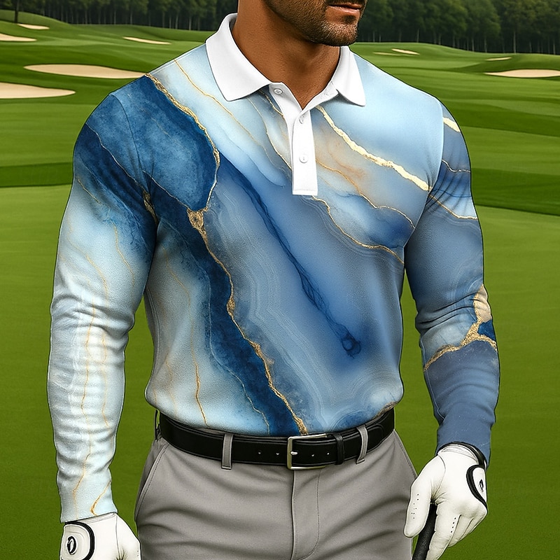Men's Marble Polo Long Sleeve Polo Shirts Lapel Casual Athleisure Daily Wear 3D Print Buttons Spring Fall Winter Yellow Blue Purple
