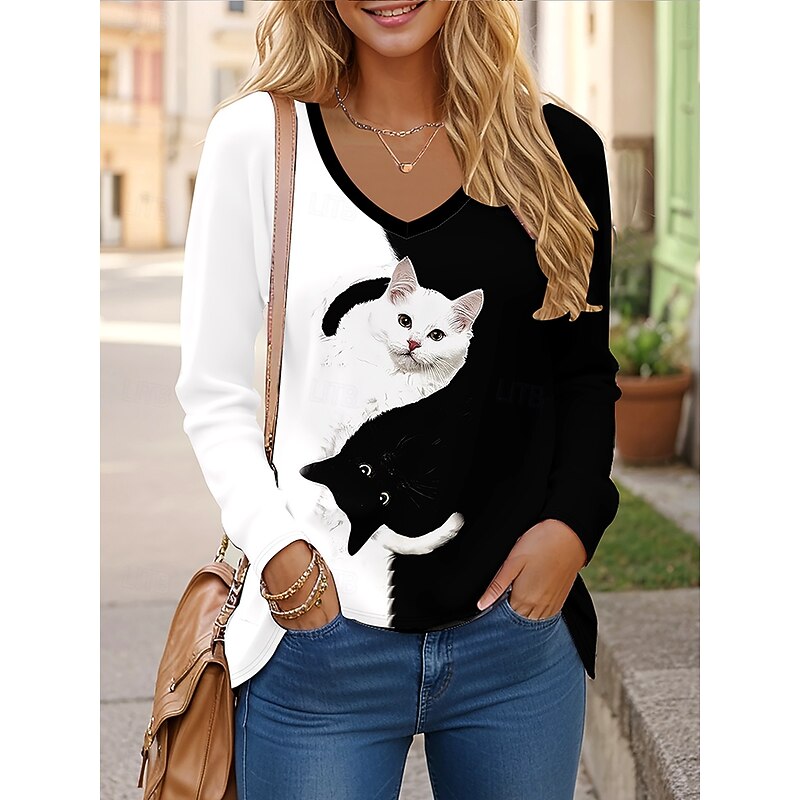 Women's T shirt Long Sleeve Graphic Animal Cat Vintage Stylish Classic Long Sleeve V Neck Regular Tops Daily Print Black Spring Fall Prefall