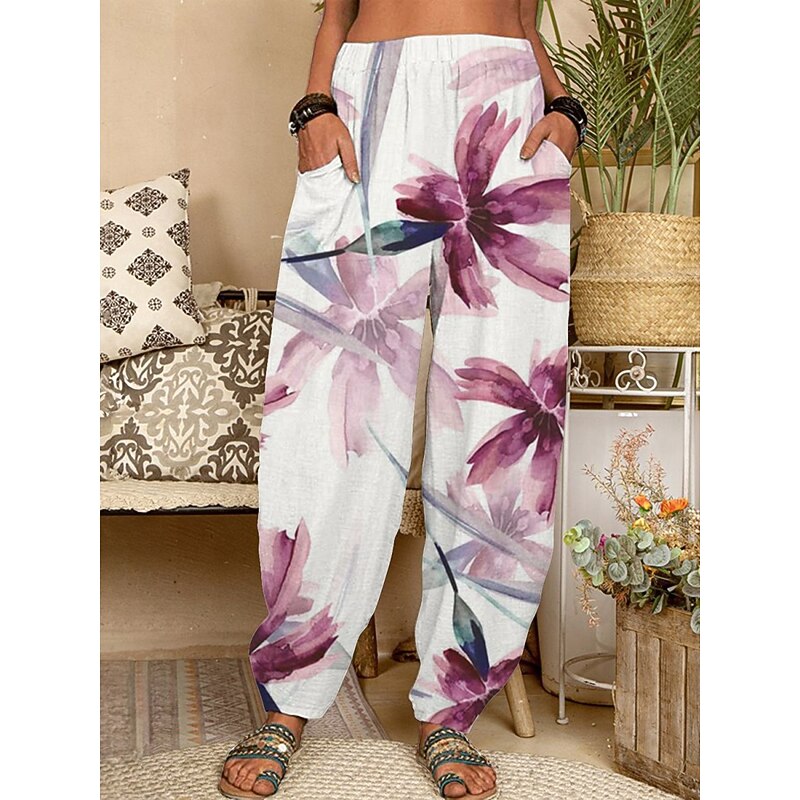 Women's Chinos Pants Trousers Active Fashion Long High Waist Floral Pocket Elastic Waist Printing Breathability Soft Micro-elastic Vacation Street Daily Wear Purple Green Spring Fall Regular Fit